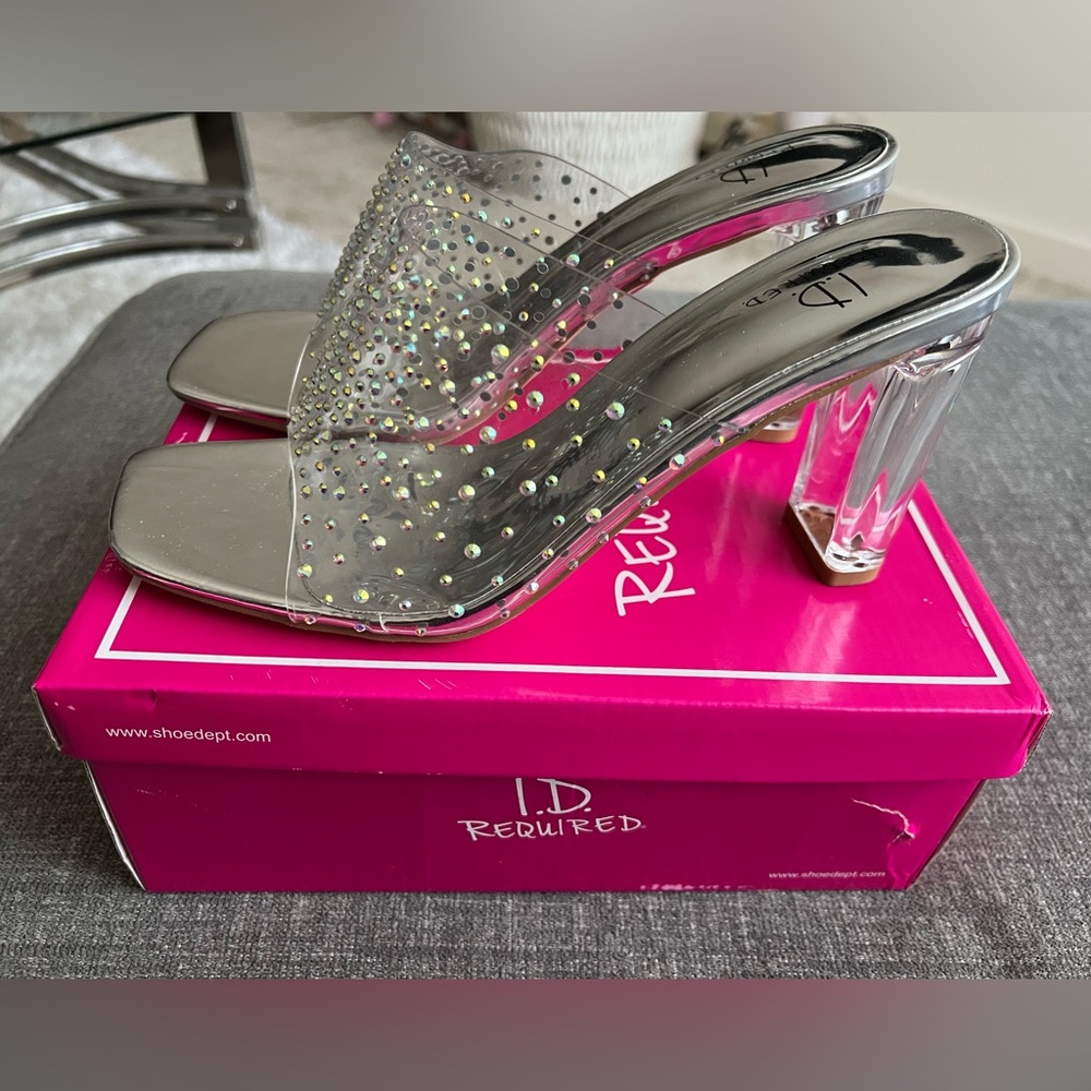 Brand New (Never Worn) Silver Rhinestone Embellished Heels with Clear Block Heel